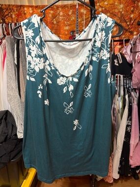 Source Unknown Teal Floral Scoop Neck Tank